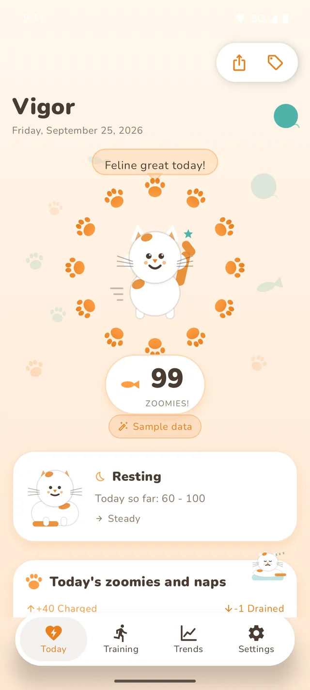 Vigor on an Android phone in the Neko look, the cat above the score