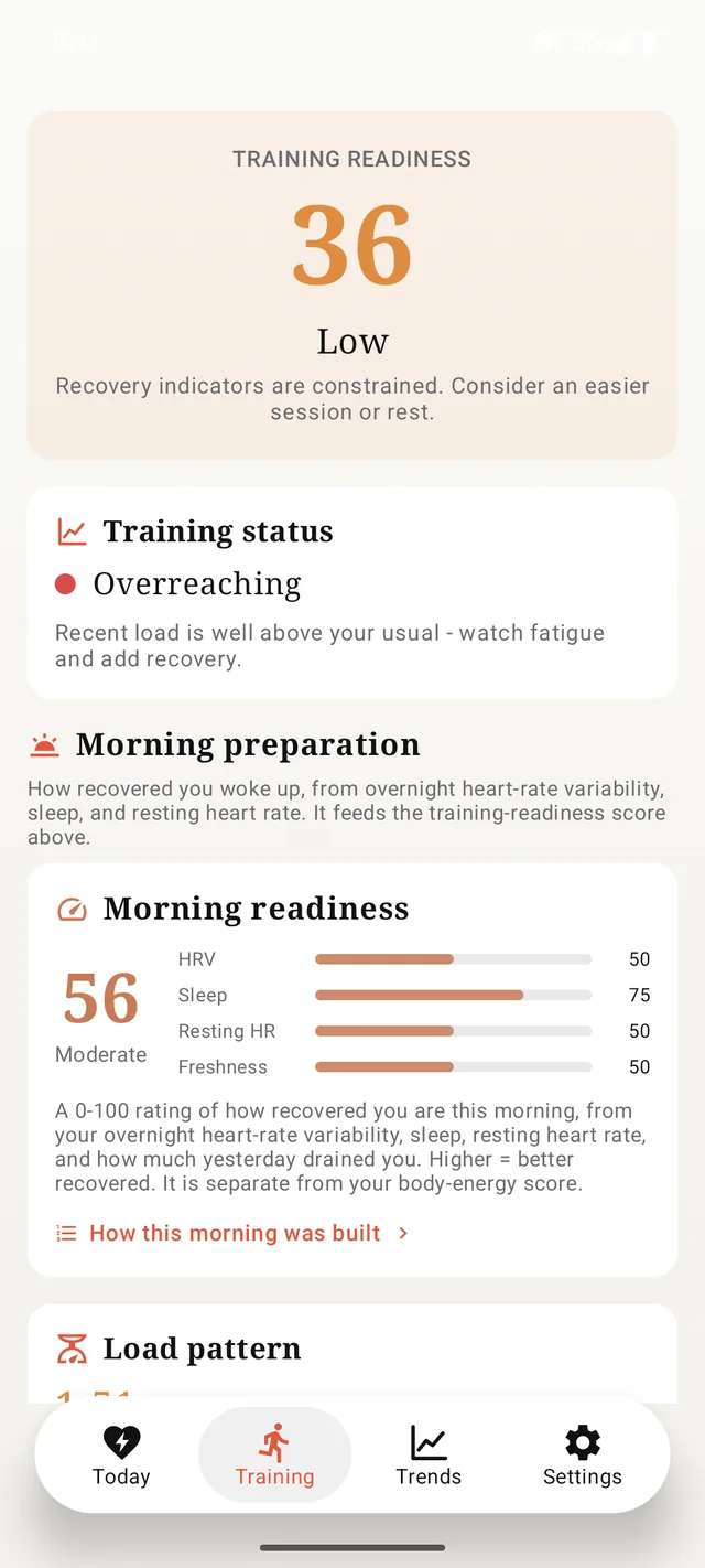 The Training tab on Android: training readiness, training status and morning readiness