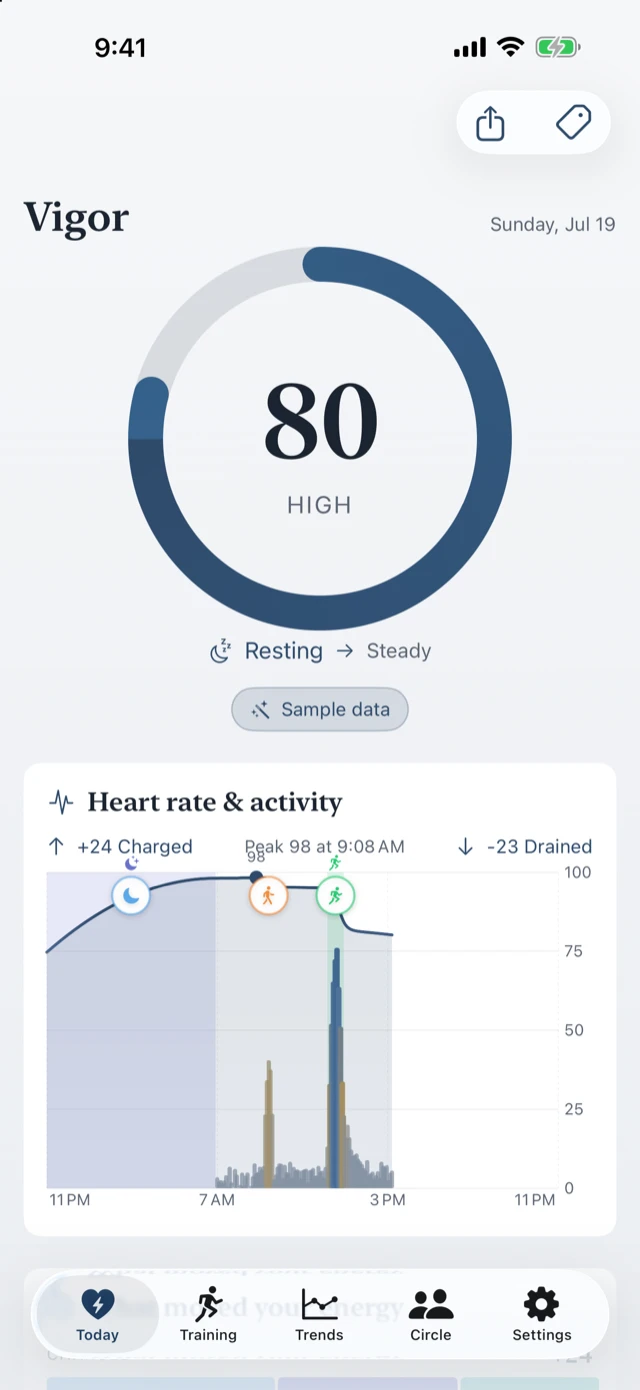 Vigor day view: the full-day energy curve with activity band and event markers