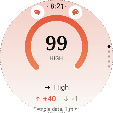 Round watch glance: the body-energy score with the day's charge and drain