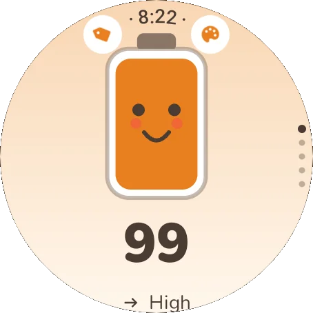 Round watch glance in the Neko look, with the battery mascot above the score