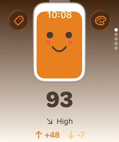 Watch glance in the Neko skin, with the battery mascot above the score